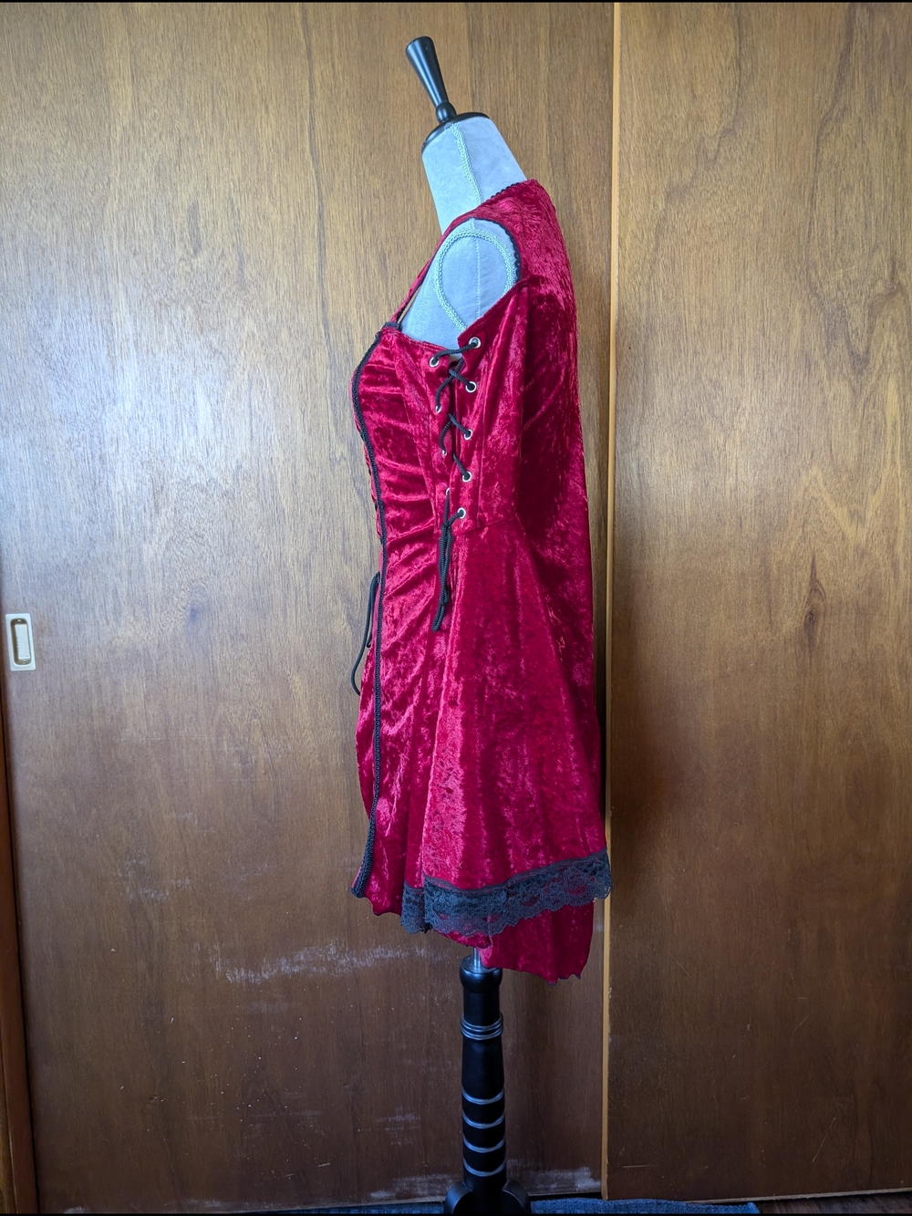 Red Velvet Lace-Up Women's Cold Shoulder Top With Bell Sleeves - Picture 2 of 11
